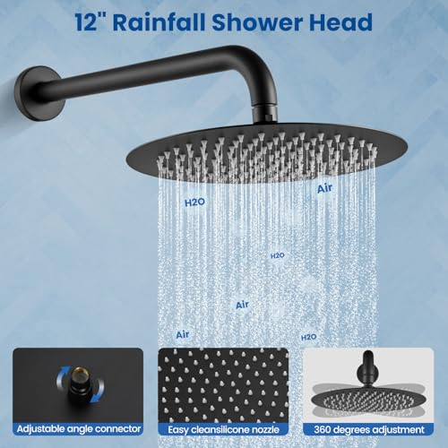 Airuida 3-Function Shower System with Tub Spout – Round Rainfall Shower Faucet Combo,Handheld Spray with 2 Functions,Includes Rough-In Valve with 360° Rotating Drain,12 Inch Shower Head,Matte Black - color: Matte Black, size: 12 Inch