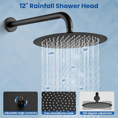 Airuida 3-Function Shower System with Tub Spout – Round Rainfall Shower Faucet Combo,Handheld Spray with 2 Functions,Includes Rough-In Valve with 360° Rotating Drain,12 Inch Shower Head,Matte Black - color: Matte Black, size: 12 Inch
