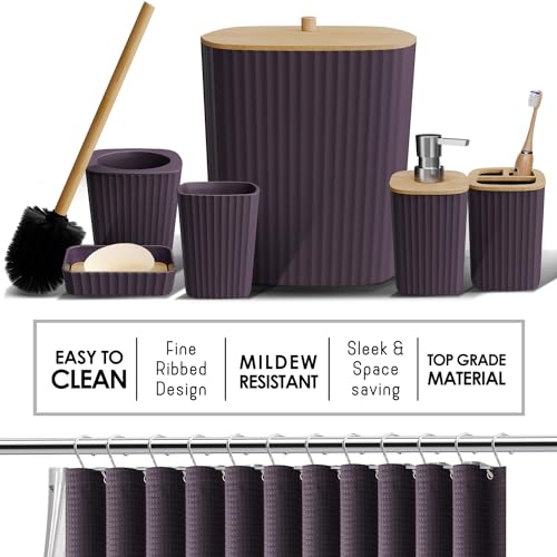 Clara Clark Bathroom Accessories Set - 27PC Bathroom Set with Adhesive Corner Shower Caddy Hanging, Bathroom Sets with Shower Curtain and Rugs, Purple Shower Curtain Set with Bathroom Trash Can | 27 Piece Purple Bathroom Sets with Shower Curtain and Rugs