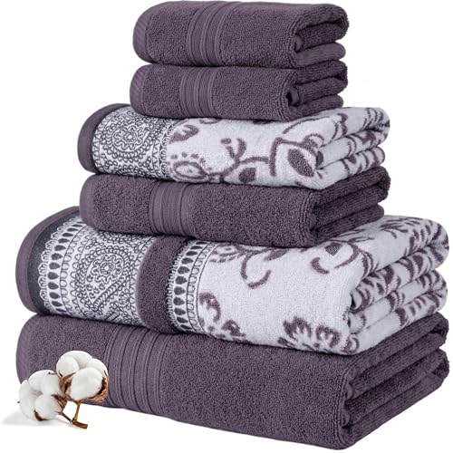 Modern Threads 6 Piece Bath Towel Set – Bathroom Set with 2 Bath Towels, 2 Hand Towels, and 2 Wash Cloths – 100% Cotton, Super Absorbent & Extra Soft – Reversible Floral Trail (Purple) - color: Purple
