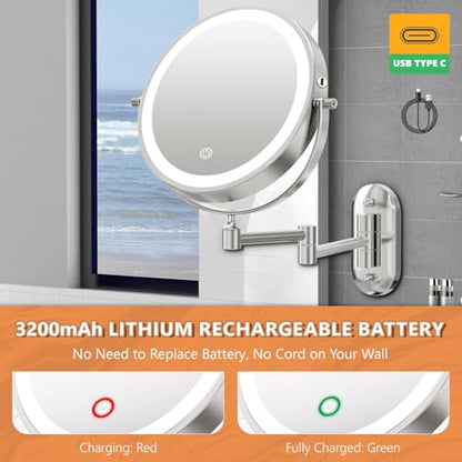 Auxmir 1X/30X Wall Mounted Makeup Mirror, 8" Rechargeable Magnifying Mirror | double-sided button, 3200mAh, 3 dimmable colors, 360° rotation, extended arm, 30X magnification, bathroom, chrome - color: 8'' 30x-chrome