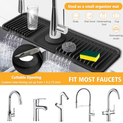 17.7-Inch Kitchen Sink Splash Guard Mat | 7° Slope for Fast Self-Draining | Snap-Lock Design | Universal & Cuttable Silicone - color: Black, size: 17.7" x 5.5"