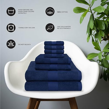 Ocean Towel Set for Bathroom 100% Luxury Cotton Bath Towels Set of 8 (2 Bath Towel and 2 Hand Towel Set & 4 Wash Cloth) - Blue Soft Towels Bathroom Set 600 GSM Double Stitched for Durability - color: Navy