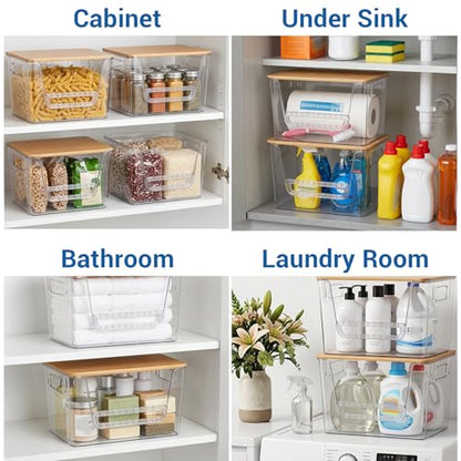 3 Set Pantry Organizers and Storage with Bamboo Lids, Stackable Clear Plastic Bins with Handles and Removable Front Baffle for Potato, Onion, Garlic, Fruit, Vegetables, Kitchen Counter and Under Sink