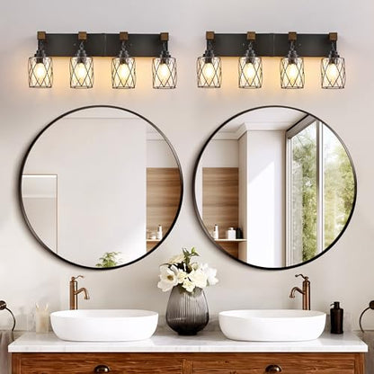Bathroom Light Fixtures, Farmhouse Black Metal with Glass Shade | 4 Light Rustic Vanity Lights, Wood Accent Wire Cage Design, Mounts Over Mirror, Ideal for Bedroom & Hallway,Easy to Install - size: 4-Light