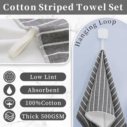 VOOVA & MOVAS Black Striped Hand Towels 4 Pack, 100% Cotton, 13x28 in | Versatile for Bathroom Daily Use, Hanging Loops, 450GSM, Ultra Absorbent & Quick Dry, Black Base with White Stripes - color: Black Stripe