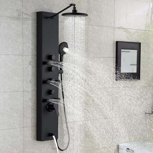 ROVOGO Shower Panel Tower System, Simultaneous 4 Shower Modes, Matte Black | Rain Shower Head+Handheld+Body Jets+Tub Spout, Height Adjustable Shower Arm, Stainless Shower Column W/ Brass Valve, 43.3" - color: All Black-Adjustable Rain Head