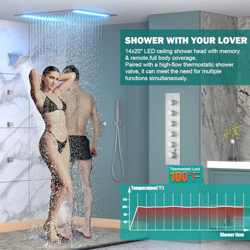 HOMEDEC Multi-Function Shower System with 14x20inch LED and Dual 6inch Shower Heads, 5 Way Valve Ceiling Mount Shower Faucet Set, Brushed Nickel - color: Brushed Nickel, style: 5-Way + 2x 6" Top