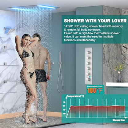 HOMEDEC Multi-Function Shower System with 14x20inch LED and Dual 6inch Shower Heads, 5 Way Valve Ceiling Mount Shower Faucet Set, Brushed Nickel - color: Brushed Nickel, style: 5-Way + 2x 6" Top