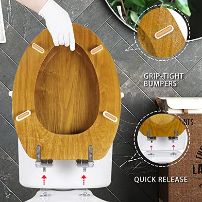 Angel Shield Elongated Wooden Toilet Seat Quiet Close(Oak) | Quick Release Metal Hinges, Adjustable Fit for Standard Elongated Toilets, Easy to Install&Clean - color: Oak, size: Elongated