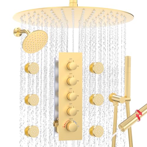 HOMEDEC 16" Round Shower Faucet Set with 6" Wall Mounted Shower Head, 4 Way Shower Valve with 2-Function Handheld Shower and Body Jets, Brushed Gold - color: Brushed Gold, style: 4-Way + 1x 6" Top