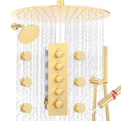 HOMEDEC 16" Round Shower Faucet Set with 6" Wall Mounted Shower Head, 4 Way Shower Valve with 2-Function Handheld Shower and Body Jets, Brushed Gold - color: Brushed Gold, style: 4-Way + 1x 6" Top
