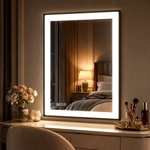 VooBang 20"x28" Black Frame 3-Color LED Bathroom Mirror Dimmable Brightness | Memory Function Anti-Fog Smart Bathroom Mirror with Lights, Wall Mounted Horizontally Vertically for Living Room, Entryway - size: 28"L x 20"W