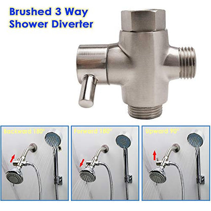 Shower Arm Diverter Valve for Hand Held Showerhead and Fixed Spray Head,G 1/2 3-Way Bathroom Universal Shower System Replacement Part/Brass (Brushed Nickel) - color: Brushed Nickel