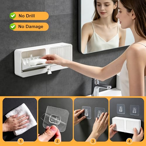 Strong Adhesive Hook Wall-Mounted Soap Dish Holder, 2-Layer Draining Tray with Removable Container, Keeps Soap Dry for Bathroom, Shower, Sink, Kitchen- Space Saver (1-Pack White-Dual Compartment) - color: 1-pk White-dual Compartment
