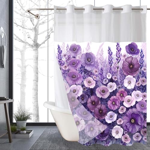 Purple Floral No Hook Shower Curtain with Snap in Liner- Elegant Flowers Oil Painting Shower Curtains for Bathroom- Fabric Inner Liner, Boho Bath Curtains- Machine Washable, 71 x 74 - color: Purple Floral