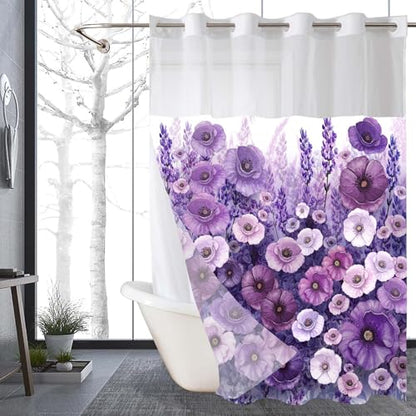 Purple Floral No Hook Shower Curtain with Snap in Liner- Elegant Flowers Oil Painting Shower Curtains for Bathroom- Fabric Inner Liner, Boho Bath Curtains- Machine Washable, 71 x 74 - color: Purple Floral