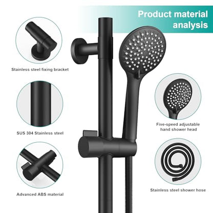 Shower Slide Bar Handheld Shower Head with Hose, 5-Function Hand Shower with Wall Mount，shower slide bar,adjustable height shower head (A-round, Matte Black) - color: Matte Black
