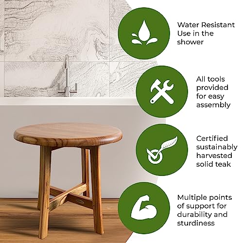 EcoDecors Shoji Round Teak Shower Stool, Waterproof Bath Seat, 17.5 in | Adjustable rubber feet provide added stability on uneven surfaces for a secure and comfortable seating experience. - size: 17.5" Seat x 18"H