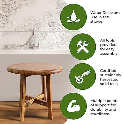 EcoDecors Shoji Round Teak Shower Stool, Waterproof Bath Seat, 17.5 in | Adjustable rubber feet provide added stability on uneven surfaces for a secure and comfortable seating experience. - size: 17.5" Seat x 18"H