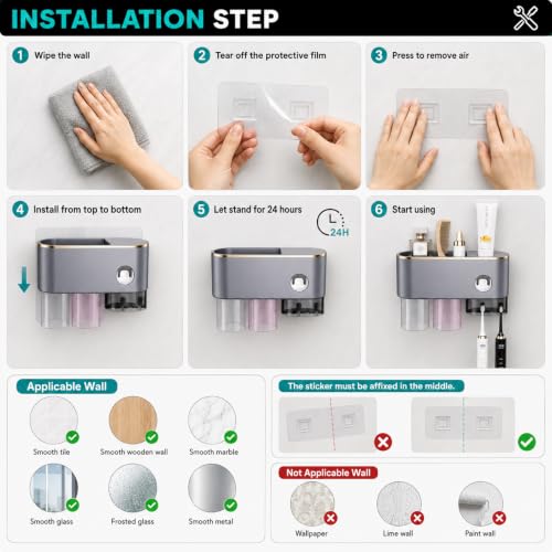 Bathroom Toothbrush Holder —Wall-Mounted Toothbrush Organizer (with Automatic Toothpaste Dispenser), Magnetic Rinse Cup Design, No-Drill Bathroom Vanity Storage Tray (Gunmetal Gray (2 Cups)) - color: Gunmetal Gray (2 Cups)
