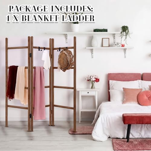 CroBlissful 3 Panel Blanket Ladder, 56.7" H Rustic Wood Quilt Display Rack, Foldable Free Standing Towel Ladder with 9 Hooks, Decorative Blanket Holder for Living Room Bedroom Bathroom Farmhouse Decor