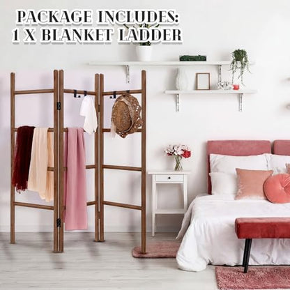 CroBlissful 3 Panel Blanket Ladder, 56.7" H Rustic Wood Quilt Display Rack, Foldable Free Standing Towel Ladder with 9 Hooks, Decorative Blanket Holder for Living Room Bedroom Bathroom Farmhouse Decor