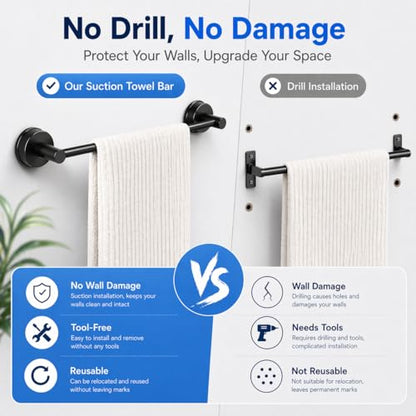 Adjustable Suction Cup Towel Bar, 11.3-22.17 Inch Matte Black | No-Drill Stainless Steel Design, Reusable Suction Mount, for Smooth Tile, Glass, Mirror, Metal and Plastic - color: Matte Black