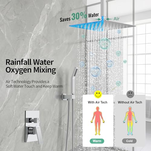 SR SUN RISE 12 Inch Ceiling Mounted Shower System Rain Mixer Combo Set Rainfall Shower Head System Faucet Trim Repair Kits Polished Chrome Rough-in Valve Body and Trim Included - color: Polished Chrome, style: 12 inch