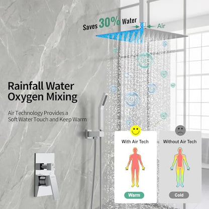 SR SUN RISE 12 Inch Ceiling Mounted Shower System Rain Mixer Combo Set Rainfall Shower Head System Faucet Trim Repair Kits Polished Chrome Rough-in Valve Body and Trim Included - color: Polished Chrome, style: 12 inch