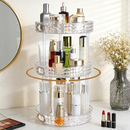 360 Rotating Perfume Organizer, 3 Tier, Diamond Pattern, Clear | 10.7" Large Rotating Makeup Organizer for Vanity, Bathroom Countertop Organizer, Lazy Susan, Skincare Lotion Perfume Storage - size: 3 Tier