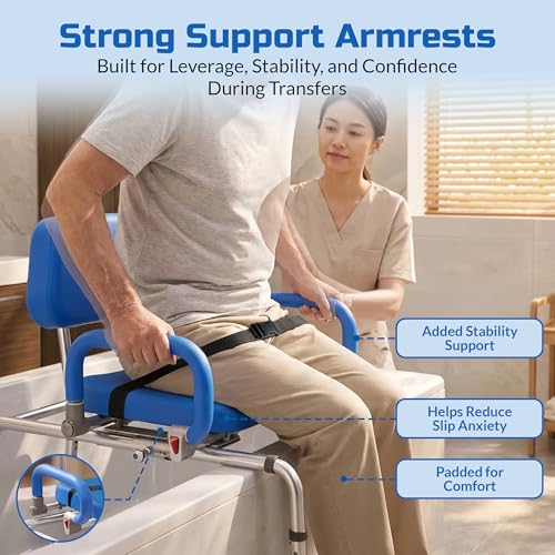 Carousel Sliding Shower Chair Tub Transfer Bench with Swivel Seat Elderly | Slide Safely In & Out of the Tub - Blue, padded seat, padded armrests, swivel seat, backrest, portable, tool-free assembly - color: Blue