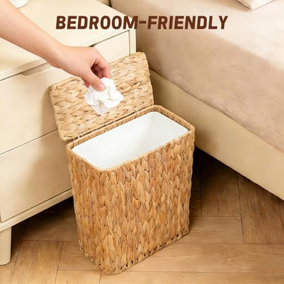 Wicker Trash Can,3 Gallon Bathroom Trash Can with Lid,Natural Water Hyacinth Wicker Waste Basket with Removable Liner, for Bedroom, Toilet, Narrow Spaces - size: Large