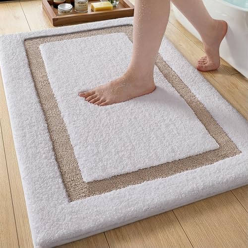 Color&Geometry Extra Soft Absorbent Microfiber Bath Rugs, Non-Slip Bathroom mat, Small Washable Plush Bath Mats for Bathroom, Shower, Tub, Laundry, 17x30, White and Khaki - color: B, size: 17"x30"