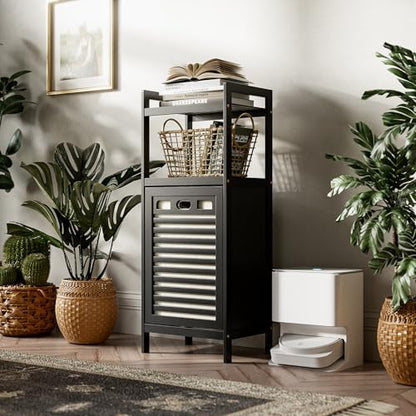HITNET Tilt Out Laundry Hamper, Bamboo Bathroom Cabinet with Pull Out Removable Bag and 2 Tier Storage Shelves, 10 Gal Clothes Basket with Metal Handle, Black - color: Black