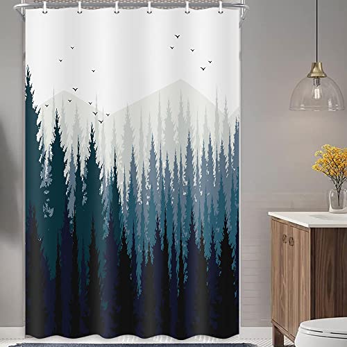 JAWO Stall Shower Curtain Fabric 36 X 72 Inch, Rustic Mountain Forest Scenery Small Shower Stall Curtain Bathroom Set with Hooks - color: Blue, size: 36"W x 72"L (Pack of 1)