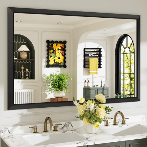55x36 Inch Black Bathroom Mirror for Wall, Beveled Framed Rectangle Bathroom Vanity Mirrors for Over Sink, Bedroom, Living Room, Entryway, Anti-Rust, HD Tempered Glass, Horizontally/Vertically - size: 55"L x 36"W