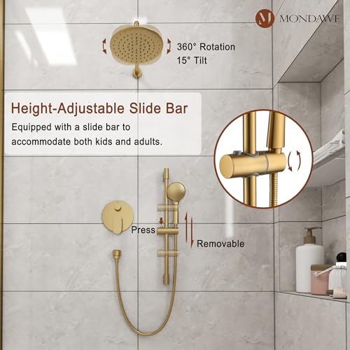 MONDAWE 9 Inch Wall Mounted Shower Faucet Set in Brushed Gold, Rainfall Shower Head with 3-Setting Handheld Spray Shower Set Combo, High Pressure Shower System with Solid Brass Valve - color: Brushed Gold, style: 9 IN - Without Tub Spout