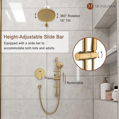MONDAWE 9 Inch Wall Mounted Shower Faucet Set in Brushed Gold, Rainfall Shower Head with 3-Setting Handheld Spray Shower Set Combo, High Pressure Shower System with Solid Brass Valve - color: Brushed Gold, style: 9 IN - Without Tub Spout