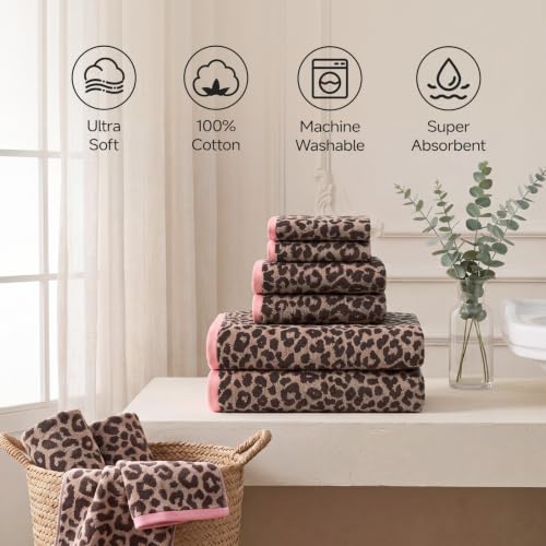 REDKISS Leopard Print Towel Set of 6,100% Cotton Bathroom Towels,Quick Dry & Absorbent,2 Bath Towel, 2 Hand Towel, 2 Washcloth-Dark Brown - color: Dark Brown