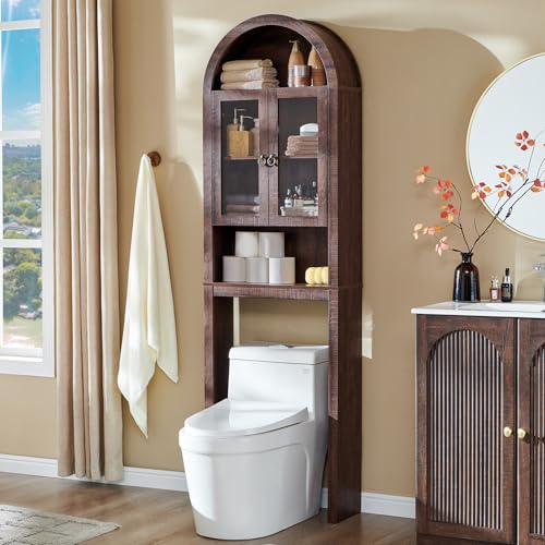 IFGET Arched Over The Toilet Storage Cabinet with Acrylic Doors, Modern Over Toilet Bathroom Organizer Shelf, Small Wooden Bathroom Storage Cabinet with Adjustable Shelf, Space Saver, Dark Walnut - color: Dark Walnut