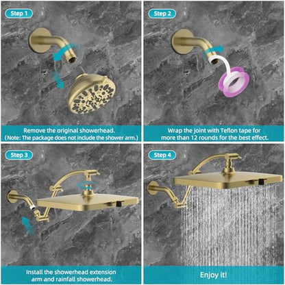 Hibbent 5 Spray Modes Shower Head, 13'' High Pressure Rain Shower Head, Large Rainfall Showerhead for Bathroom, High Flow Waterfall Fixed Showerheads with Adjustable Swivel Ball Joint, Brushed Gold - color: Brushed Gold, style: Square 13''