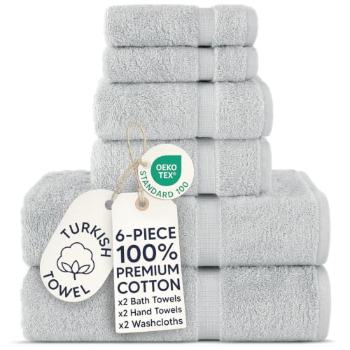 Chakir Turkish Linens 6 Piece Towels Set, 100% Cotton Luxury Turkish Towels for Bathroom, Soft Absorbent Bath Towel Set with 2 Bath Towels 2 Hand Towels 2 Washcloths, Silver Gray - color: Silver Gray