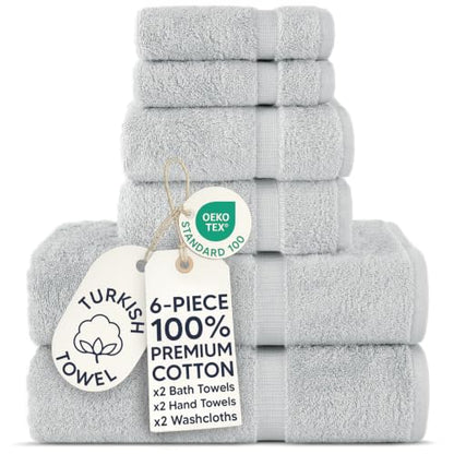Chakir Turkish Linens 6 Piece Towels Set, 100% Cotton Luxury Turkish Towels for Bathroom, Soft Absorbent Bath Towel Set with 2 Bath Towels 2 Hand Towels 2 Washcloths, Silver Gray - color: Silver Gray
