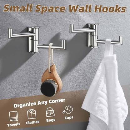 Swivel Wall Hooks with 2 Arm, 2 Pack, Polished Chrome, Wall Mounted | Rust-resistant 304 Stainless Steel, Double Towel Hooks for Bathroom Kitchen closet, Flexible 180° Swivel, Heavy-duty 11 lbs - color: Polished Chrome, size: 2 Pack