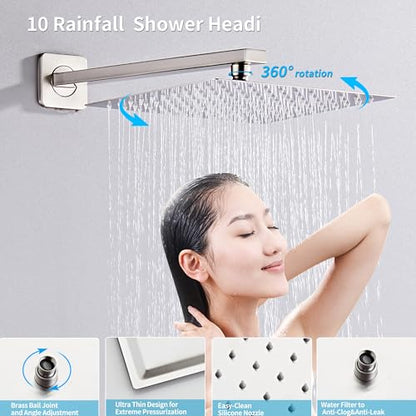 Brushed Nickel Rainfall Shower Head, Wall Mounted 12 Inch Shower Heads with Handheld Spray Combo, Luxury Bathroom Square Rain Shower System, Solid Brass Pressure Balancd Shower Faucet Valve - color: Brushed Nickel, style: 12 Inch