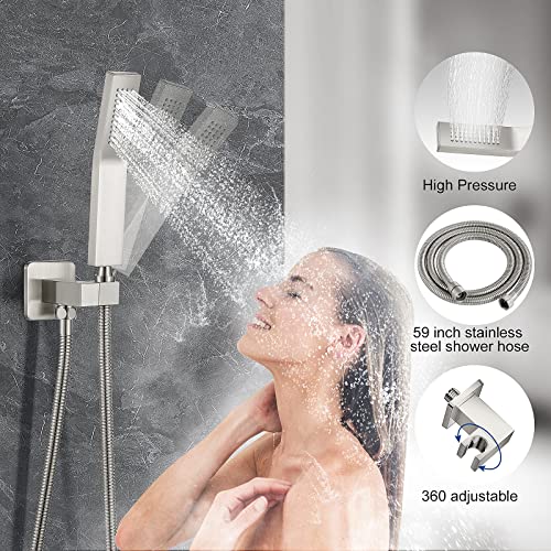 JOMEOO® 12 Inch Brushed Nickel Shower System, Wall Mounted High Pressure Rain Shower Head with Handheld Sprayer, Bathroom Luxury Rainfull Shower Head Shower Faucet Set Rough in Valve Body and Trim - color: Brushed Nickel