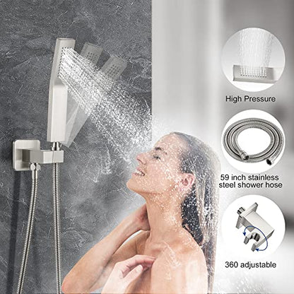 JOMEOO® 12 Inch Brushed Nickel Shower System, Wall Mounted High Pressure Rain Shower Head with Handheld Sprayer, Bathroom Luxury Rainfull Shower Head Shower Faucet Set Rough in Valve Body and Trim - color: Brushed Nickel