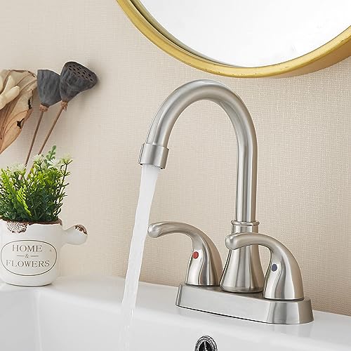 Bathroom Sink Faucet FRANSITON 4 Inch Faucet 2 Handle Bathroom Sink Faucets Lead-Free Brushed Nickel Bath Sink Faucets with Pop-up Drain Stopper and Supply Hoses - color: Brushed Nickel