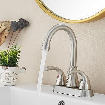 Bathroom Sink Faucet FRANSITON 4 Inch Faucet 2 Handle Bathroom Sink Faucets Lead-Free Brushed Nickel Bath Sink Faucets with Pop-up Drain Stopper and Supply Hoses - color: Brushed Nickel
